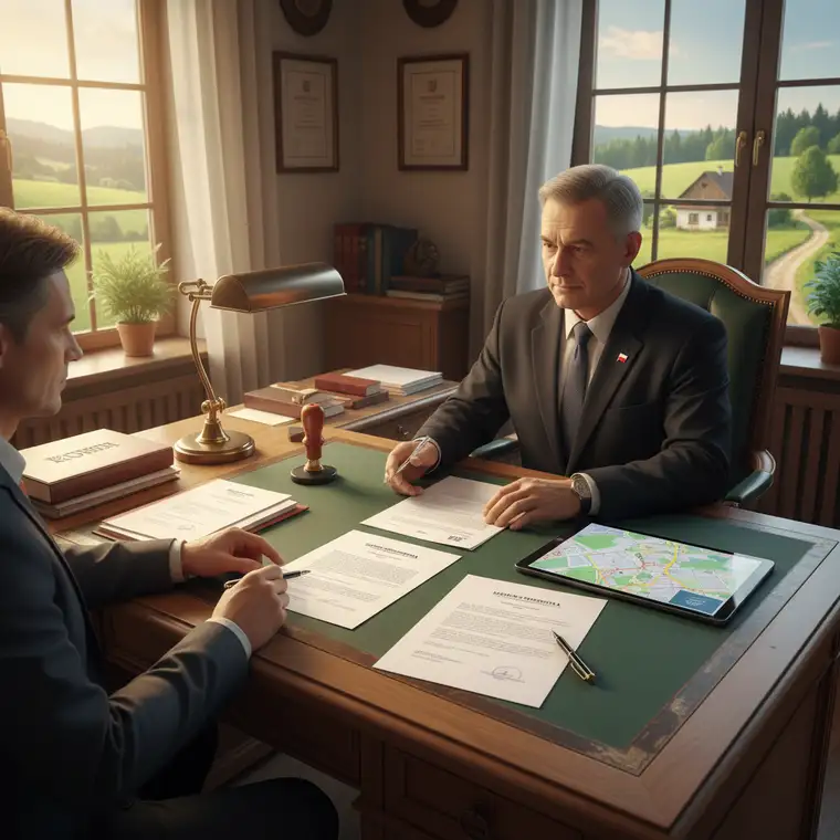 Drewniany dom na siedlisku o zachodzie słońca, ilustrujący efekt bezpiecznego podpisania umowy przedwstępnej siedliska w formie aktu notarialnego