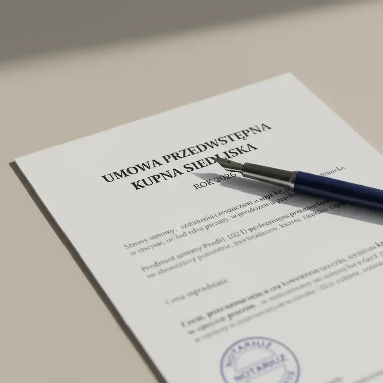 Panorama siedliska z domem i zabudowaniami, symbolizująca bezpieczne podpisanie umowy przedwstępnej kupna siedliska w 2026 roku