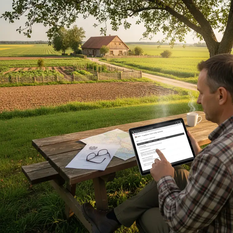 Rolnik i inwestor analizują dokumenty przy stole na tle mapy ewidencyjnej, omawiając jak sprawdzić księgę wieczystą działki rolnej online krok po kroku