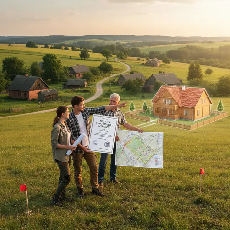 Plan siedliska na wsi na mapie z zaznaczoną działką i zabudową, pokazujący znaczenie warunków zabudowy w projektowaniu domu