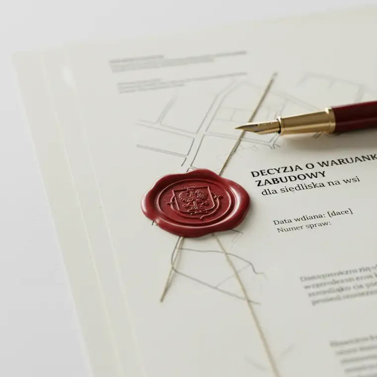 Widok siedliska na wsi z domem i zabudowaniami gospodarczymi, ilustrujący znaczenie decyzji o warunkach zabudowy dla planowania inwestycji