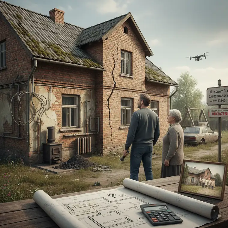 Wnętrze starego domu z lat 80., pokazujące oryginalny wystrój i potrzebę modernizacji przy wycenie siedliska