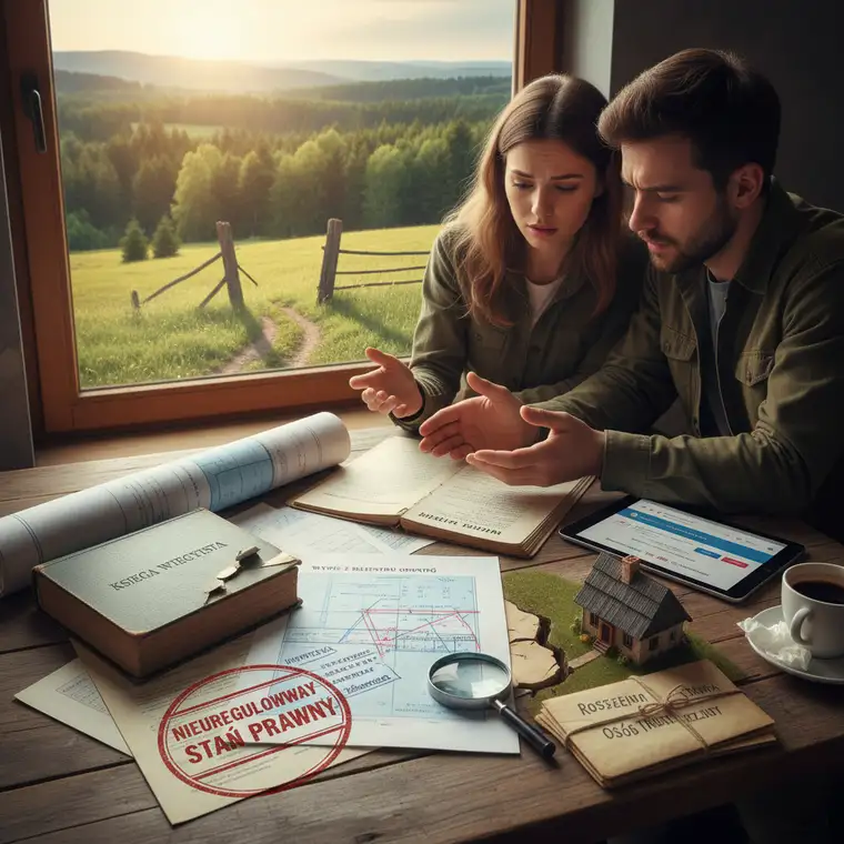 Geodeta i kupujący przy mapie ewidencyjnej sprawdzają granice działki siedliskowej i zgodność z księgą wieczystą przed podpisaniem umowy