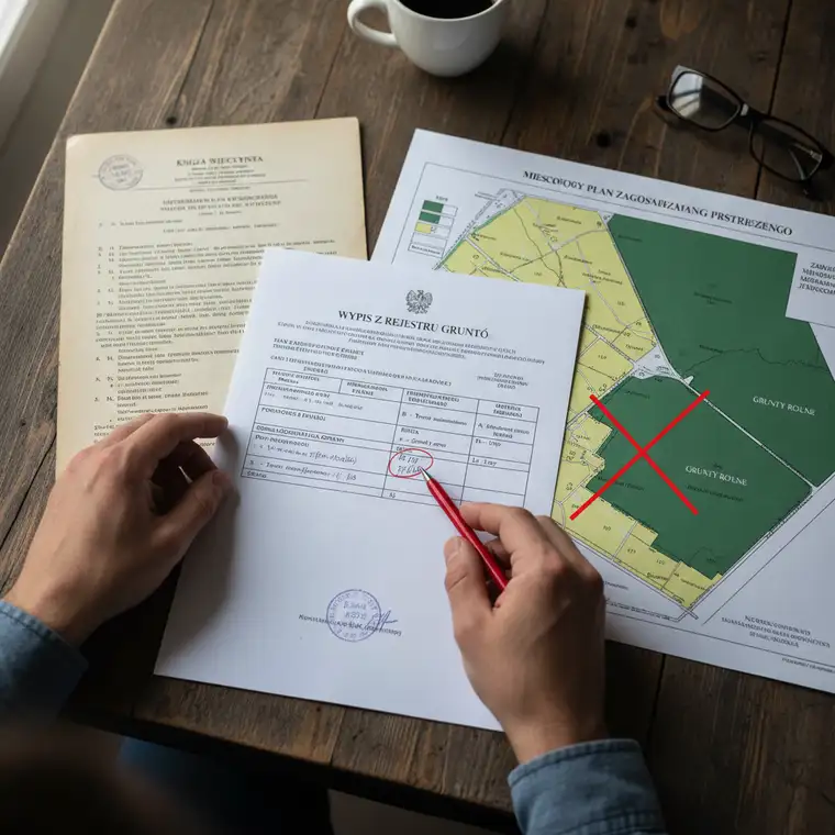 Małżeństwo analizuje wypis z rejestru gruntów i mapę ewidencyjną przed kupnem działki budowlanej pod dom jednorodzinny