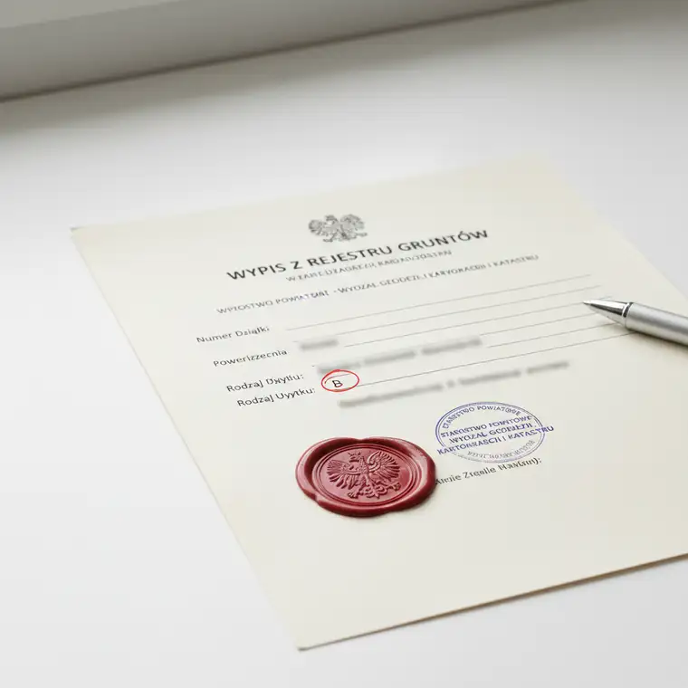 Kupujący analizuje wypis z rejestru gruntów przed zakupem działki budowlanej pod dom, porównując dane ewidencyjne z planami zagospodarowania