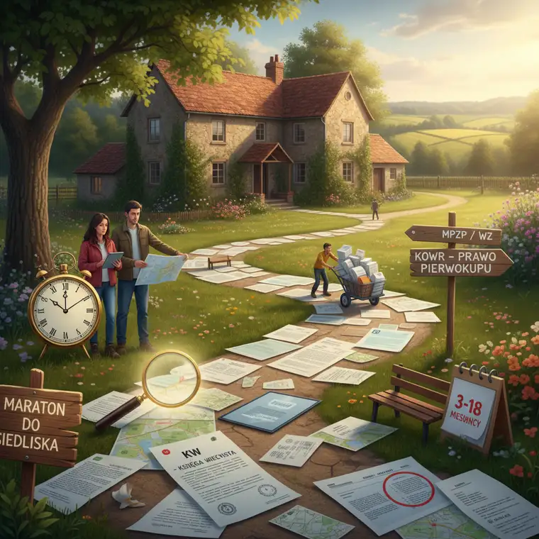 Dom na siedlisku w otoczeniu pól i drzew, symbolizujący finalny etap zakupu siedliska z kredytem hipotecznym w 2026 roku