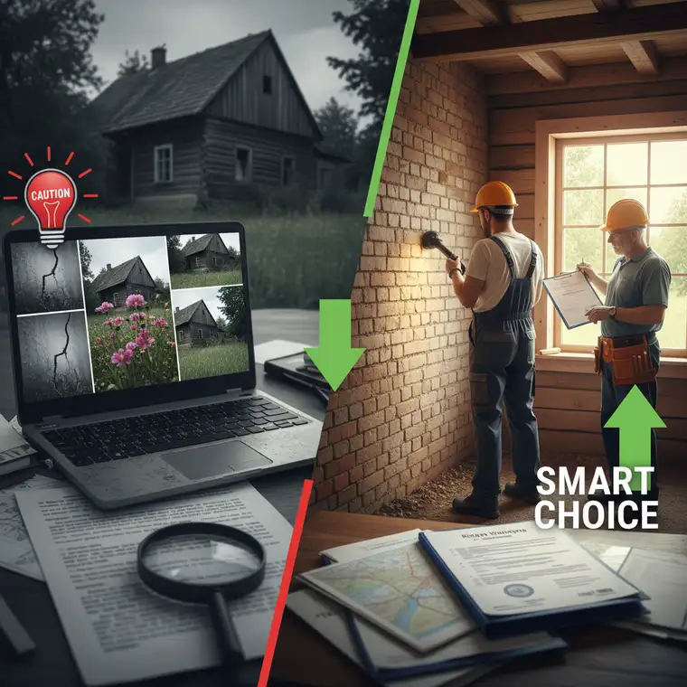 Widok drogi dojazdowej i siedliska do remontu na wsi, pokazujący znaczenie mediów oraz dojazdu w ogłoszeniach nieruchomości