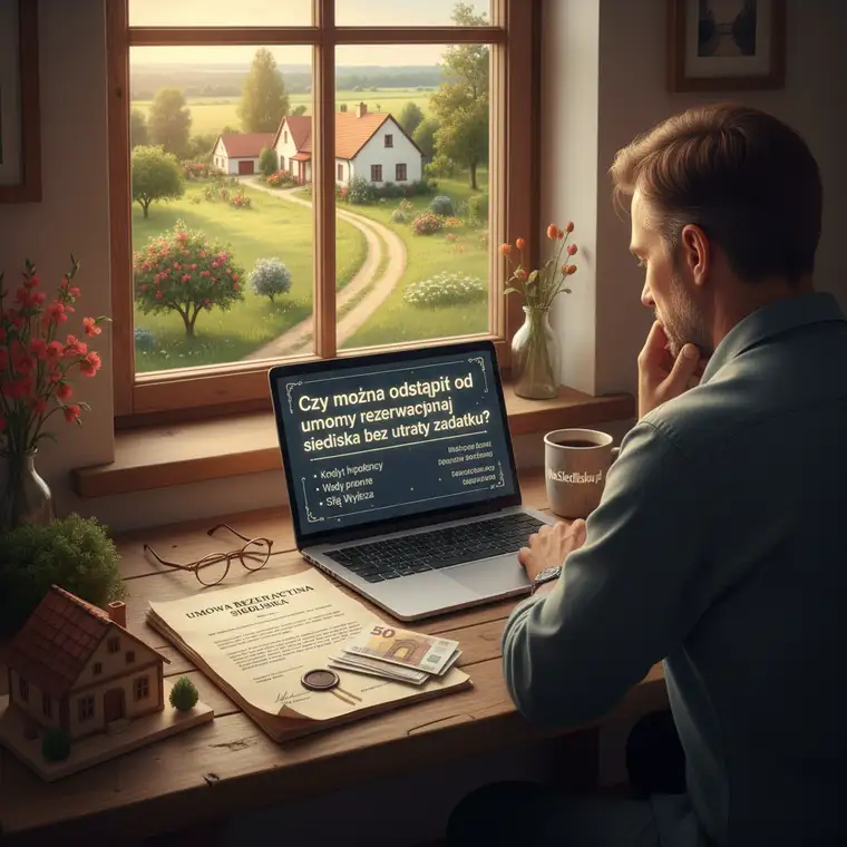 Drewniany dom w otoczeniu zieleni przedstawiający spokojne siedlisko, ilustrujący ryzyka prawne i możliwość odstąpienia od umowy rezerwacyjnej siedliska bez utraty zadatku