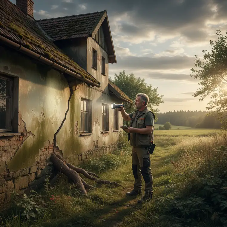 Wnętrze starego domu na siedlisku – ściany, podłogi i sufit, które pomagają samodzielnie ocenić stan techniczny i problemy z wilgocią