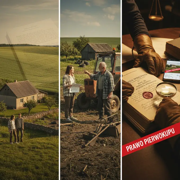 Widok pola uprawnego przy siedlisku z maszynami rolniczymi; pokazuje praktyczne skutki dzierżawy ziemi rolnej i potrzebę sprawdzenia umów przy zakupie siedliska