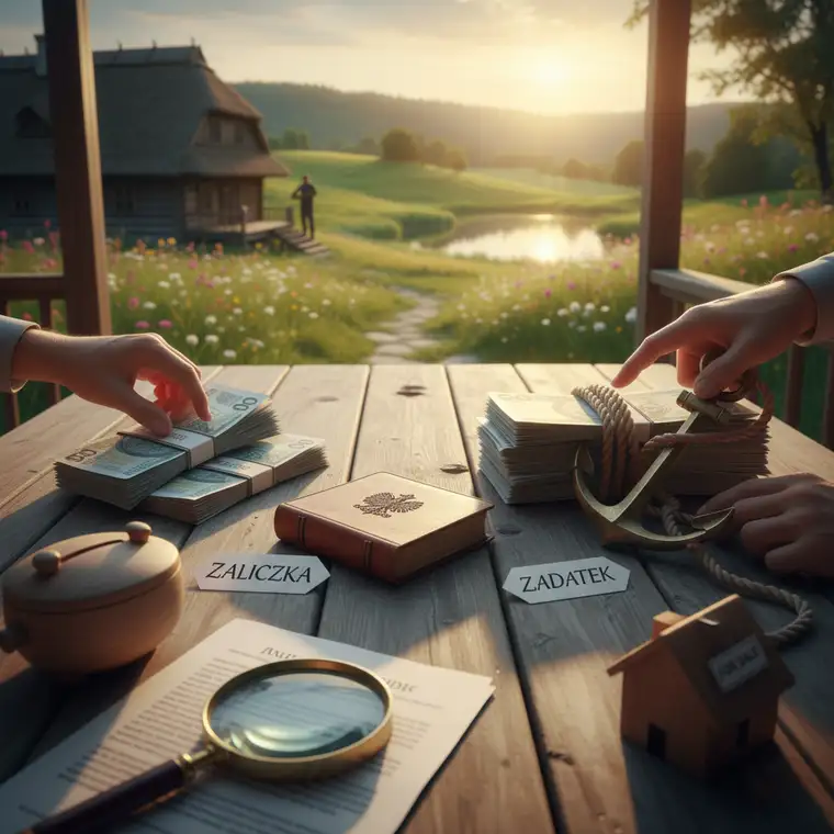 Para oglądająca dokumenty dotyczące zakupu siedliska, zastanawiająca się czy wybrać zadatek czy zaliczkę przy umowie przedwstępnej