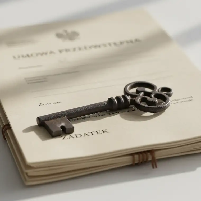 Widok siedliska na wsi z domem i zielenią, ilustrujący dylemat: dlaczego sprzedający siedlisko żąda zadatku zamiast zaliczki