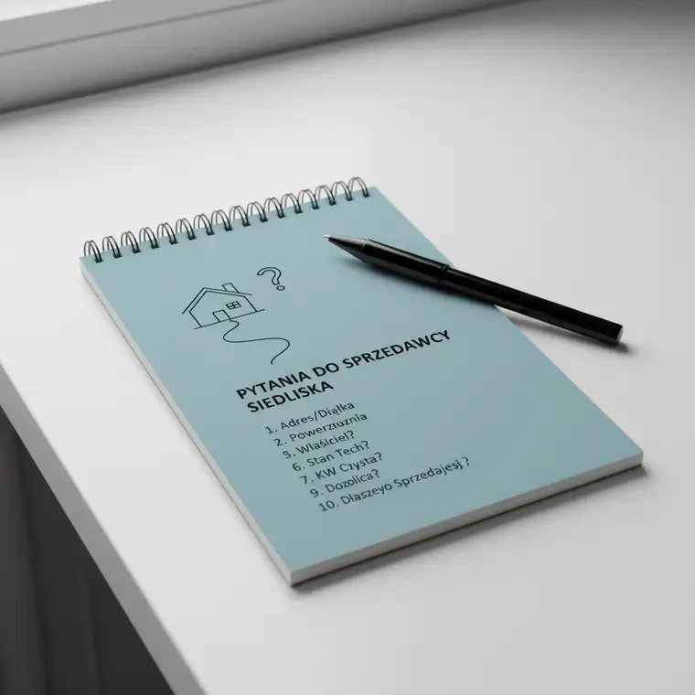 Widok spokojnego siedliska na wsi, działka z domem i zabudowaniami gospodarczymi, ilustrujący jakie pytania zadać sprzedającemu siedlisko