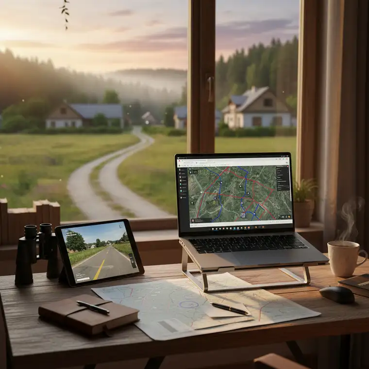 Spokojna wiejska droga przy siedlisku, zadbane sąsiednie domy, pokazujące jak wygląda dobre sąsiedztwo siedliska przed zakupem