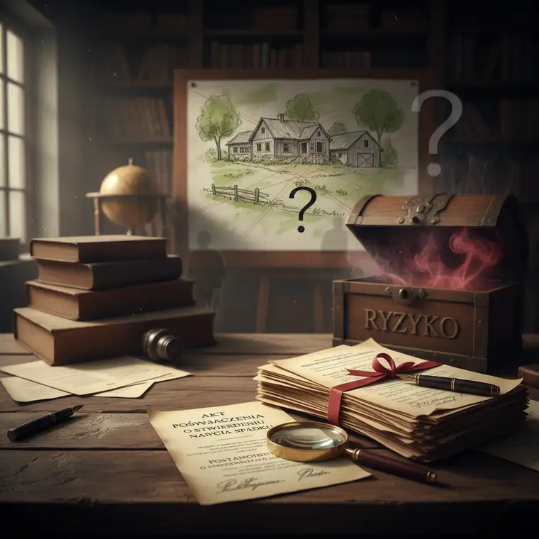 Siedlisko na wsi kupione od spadkobierców – widok domu i zabudowań, obrazujący skutki zakupu bez wcześniejszego działu spadku