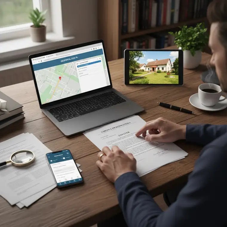 Zbliżenie na umowę przedwstępną na biurku notariusza, długopis i klucze do siedliska, nawiązanie do bezpiecznej wpłaty zadatku na siedlisko kupowane z daleka