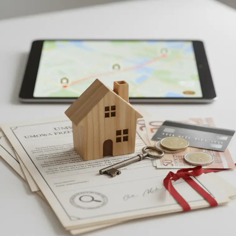 Panorama siedliska na wsi, dom i zabudowania gospodarcze z lotu ptaka, ilustrująca temat jak bezpiecznie wpłacić zadatek na siedlisko kupowane z daleka