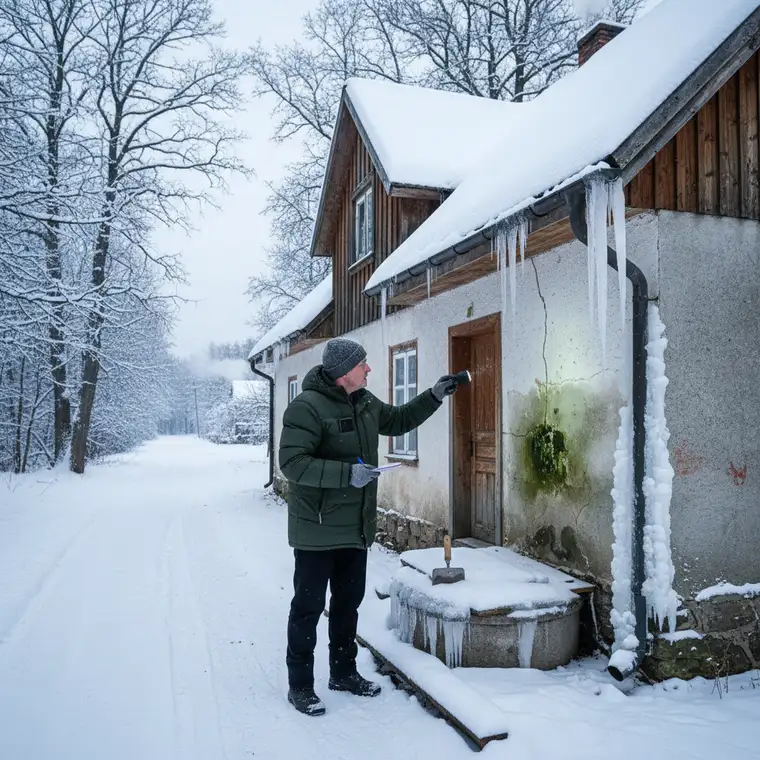 Kupujący sprawdza wnętrze siedliska zimą, testuje ogrzewanie, okna i ściany według listy rzeczy do sprawdzenia na oględzinach siedliska zimą