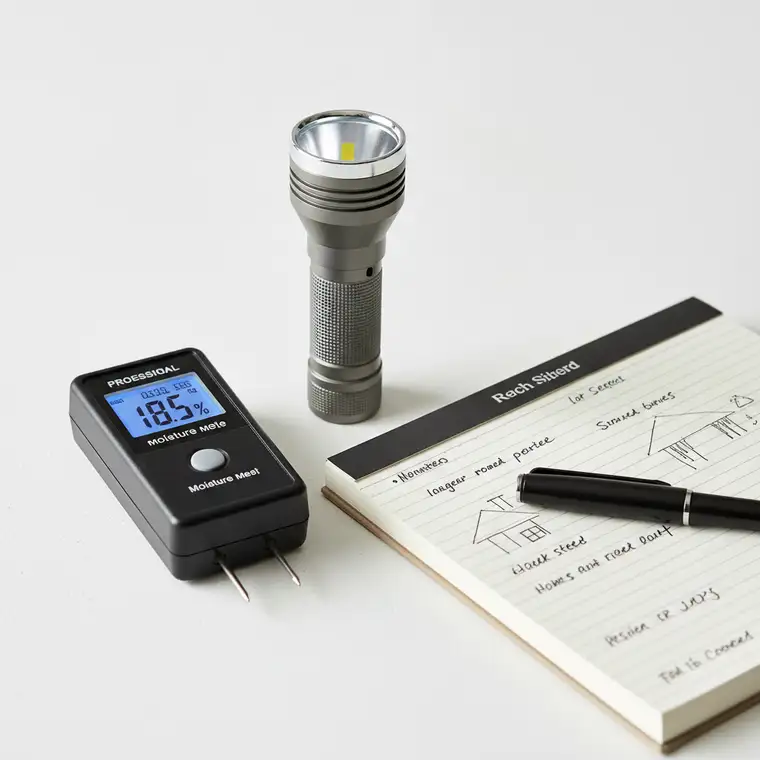 Zimowe oględziny siedliska na wsi, kupujący sprawdza dom, dach i działkę według listy rzeczy do sprawdzenia na oględzinach siedliska zimą