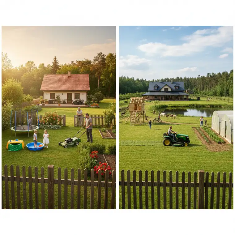 Rozległe siedlisko 2 ha z domem, sadem i miejscem zabaw, pokazujące przestrzeń dla rodziny z dwójką dzieci na wsi