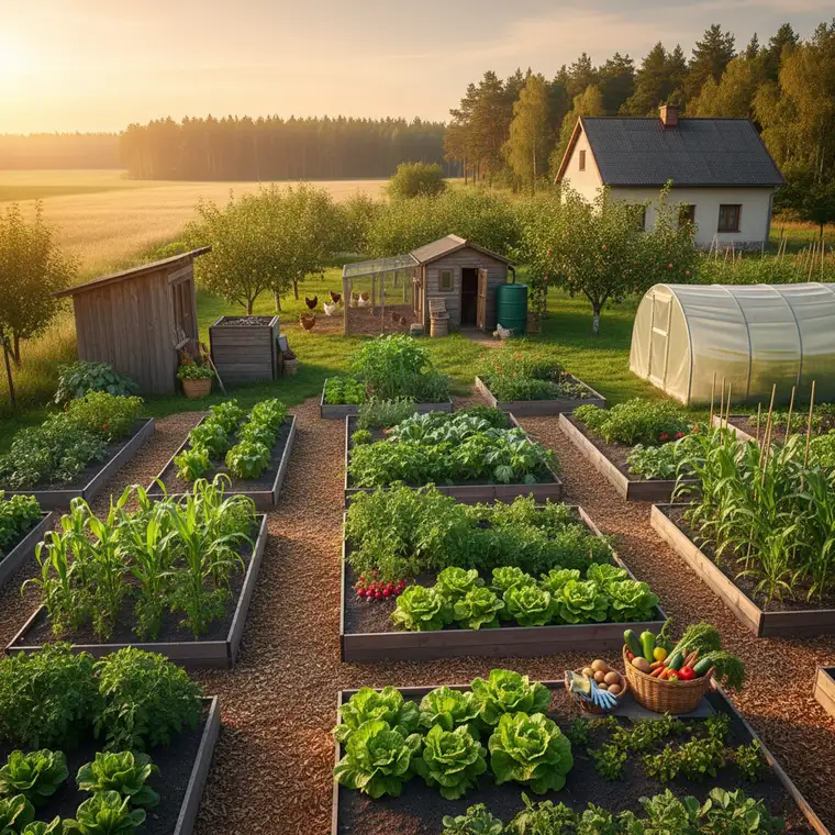 Schemat działki siedliskowej z samowystarczalnym ogrodem warzywnym, grządkami, tunelami i ścieżkami, pomagający zaplanować odpowiednią wielkość działki