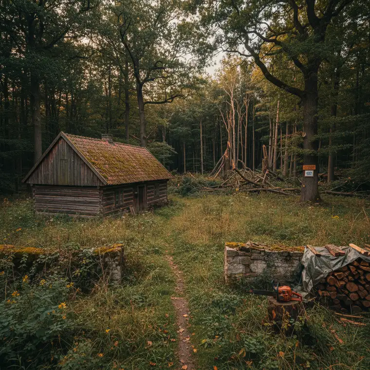 Widok z tarasu siedliska na fragment własnego lasu i sąsiednie pola, ilustrujący dylemat: większy areał z lasem czy mniejsza, łatwiejsza w utrzymaniu działka