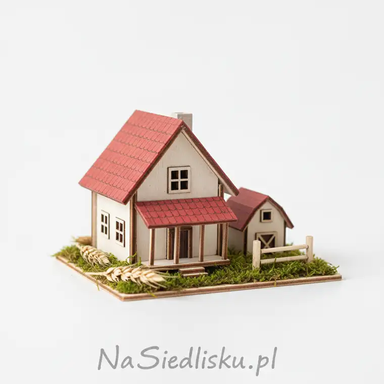 Panorama siedliska rolnego z domem i zabudowaniami gospodarczymi, ilustrująca temat przekształcenia siedliska na dom jednorodzinny bez prowadzenia gospodarstwa