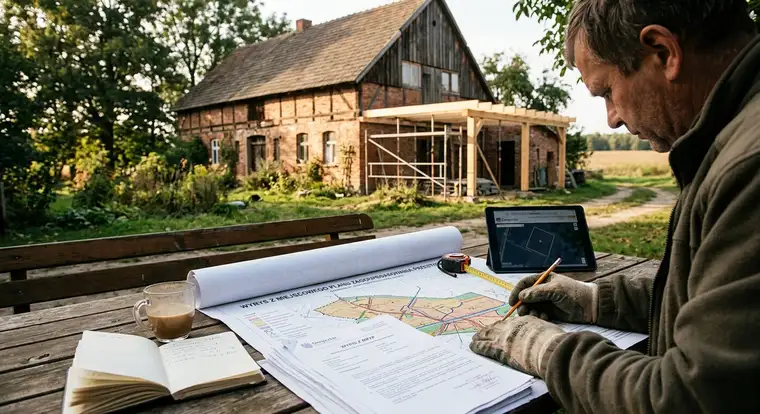 Plan siedliska i projekt rozbudowy domu omawiany z architektem; ilustruje jak sprawdzić, czy na siedlisku obowiązuje plan miejscowy ograniczający rozbudowę domu w praktyce