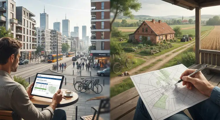 Właściciel domu na wsi sprawdza powierzchnię użytkową i stawki gminne, aby obliczyć podatek od nieruchomości w 2026 roku