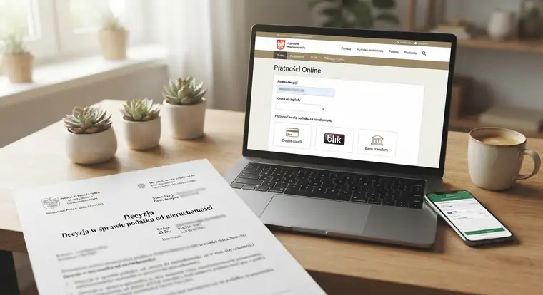 Opłata podatku od nieruchomości przez internet. Ekran laptopa pokazuje potwierdzenie zapłaty podatku, obok leży decyzja urzędu gminy.